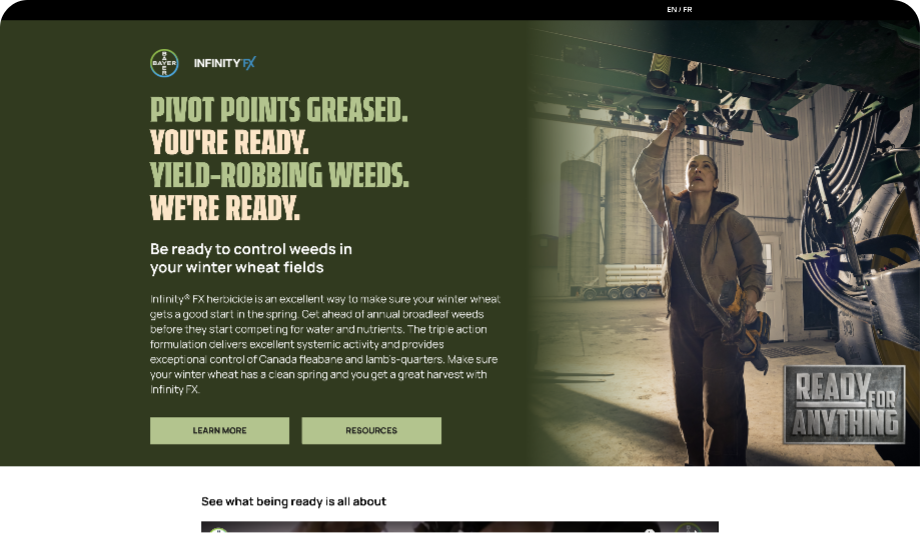 Screenshot of the promotional webpage for Infinity FX showing bold headlines, product messaging, and a farmer working on machinery.